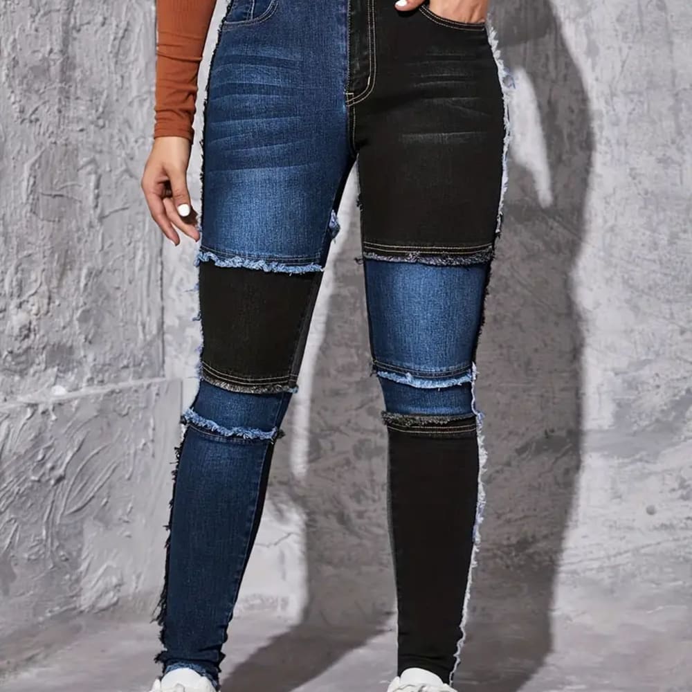 Women Colorblock Raw Hem Skinny Jeans